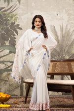 White Designer Saree With Printed Border