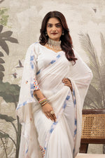 White Designer Saree With Printed Border