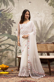 Georgette Silk White Saree With Golden Cut Stone