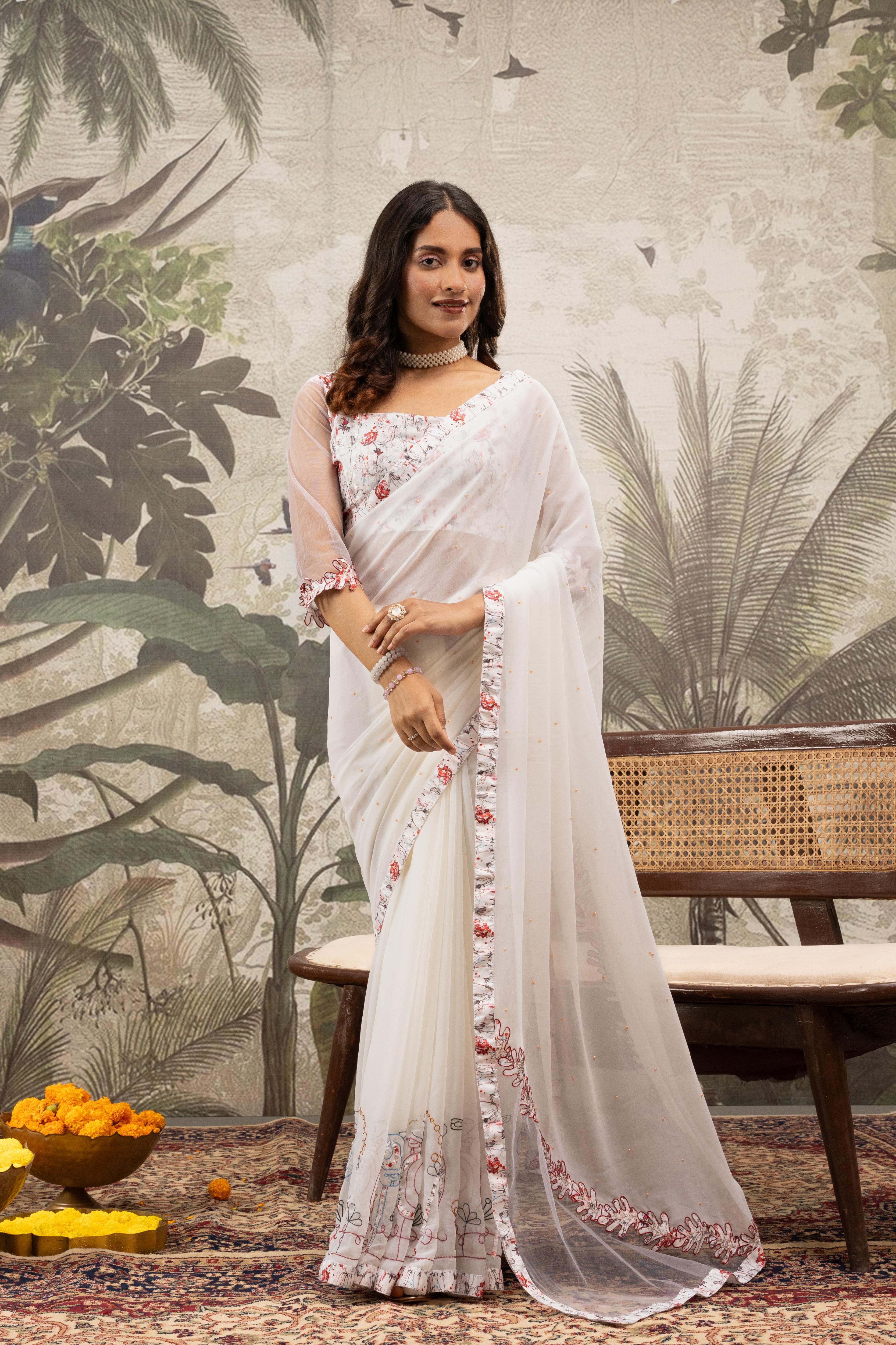 Georgette Silk White Saree With Golden Cut Stone