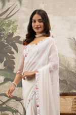 Georgette Silk White Saree With Golden Cut Stone sedoracouture