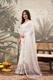 Georgette Silk White Saree With Golden Cut Stone