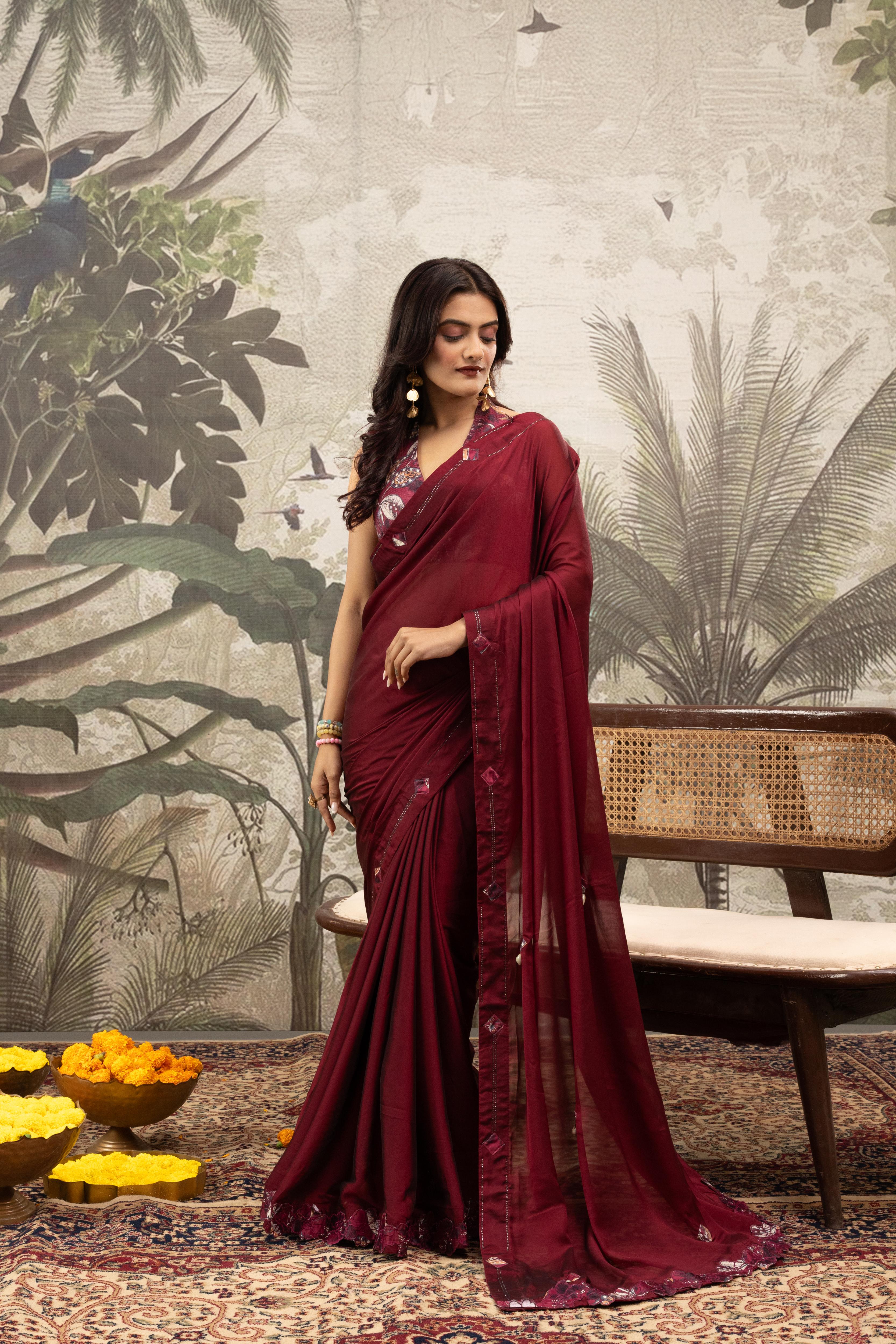 Red Georgette Silk Saree with Embroidery & Diamonds