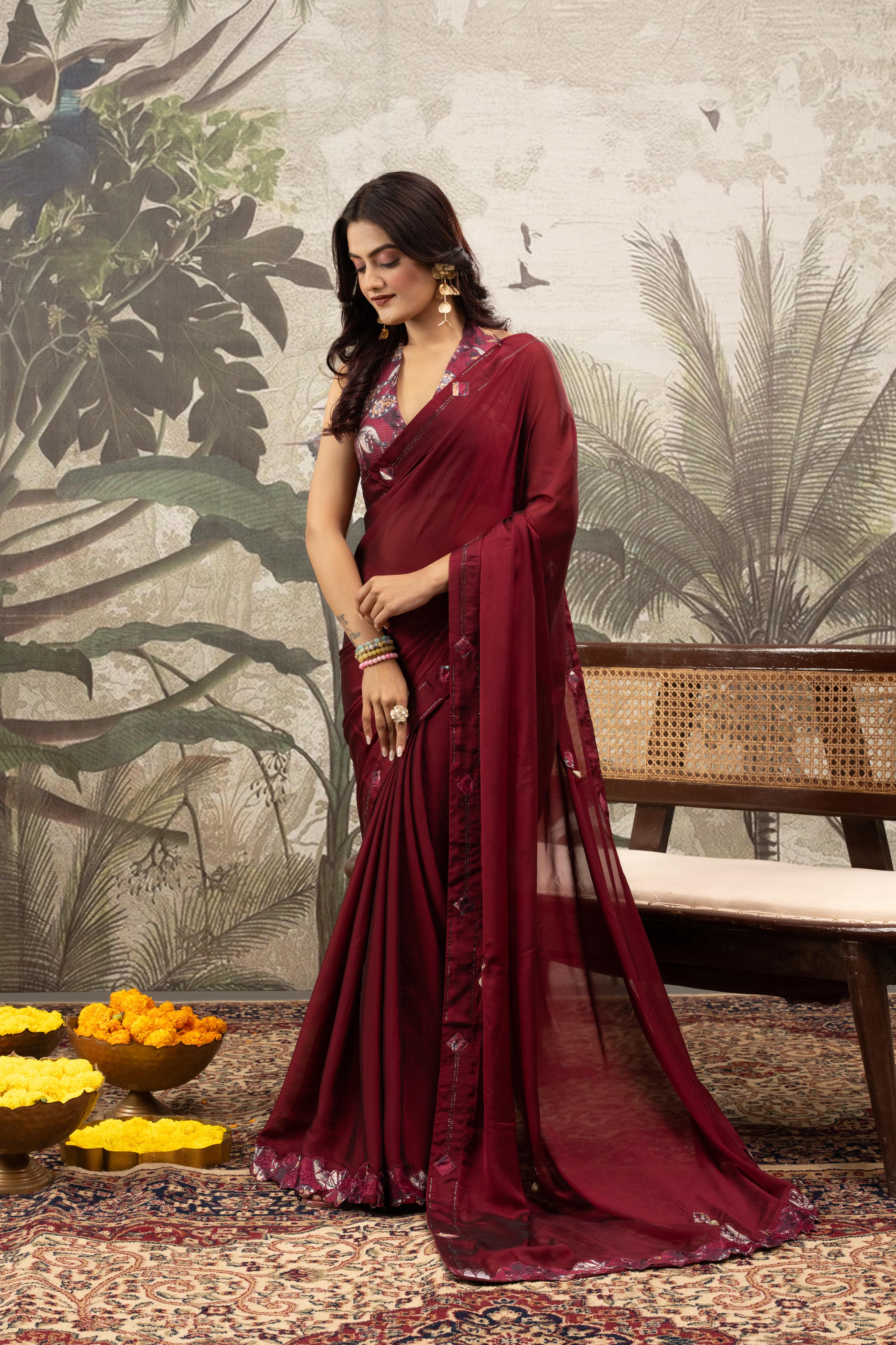 Red Georgette Silk Saree with Embroidery & Diamonds