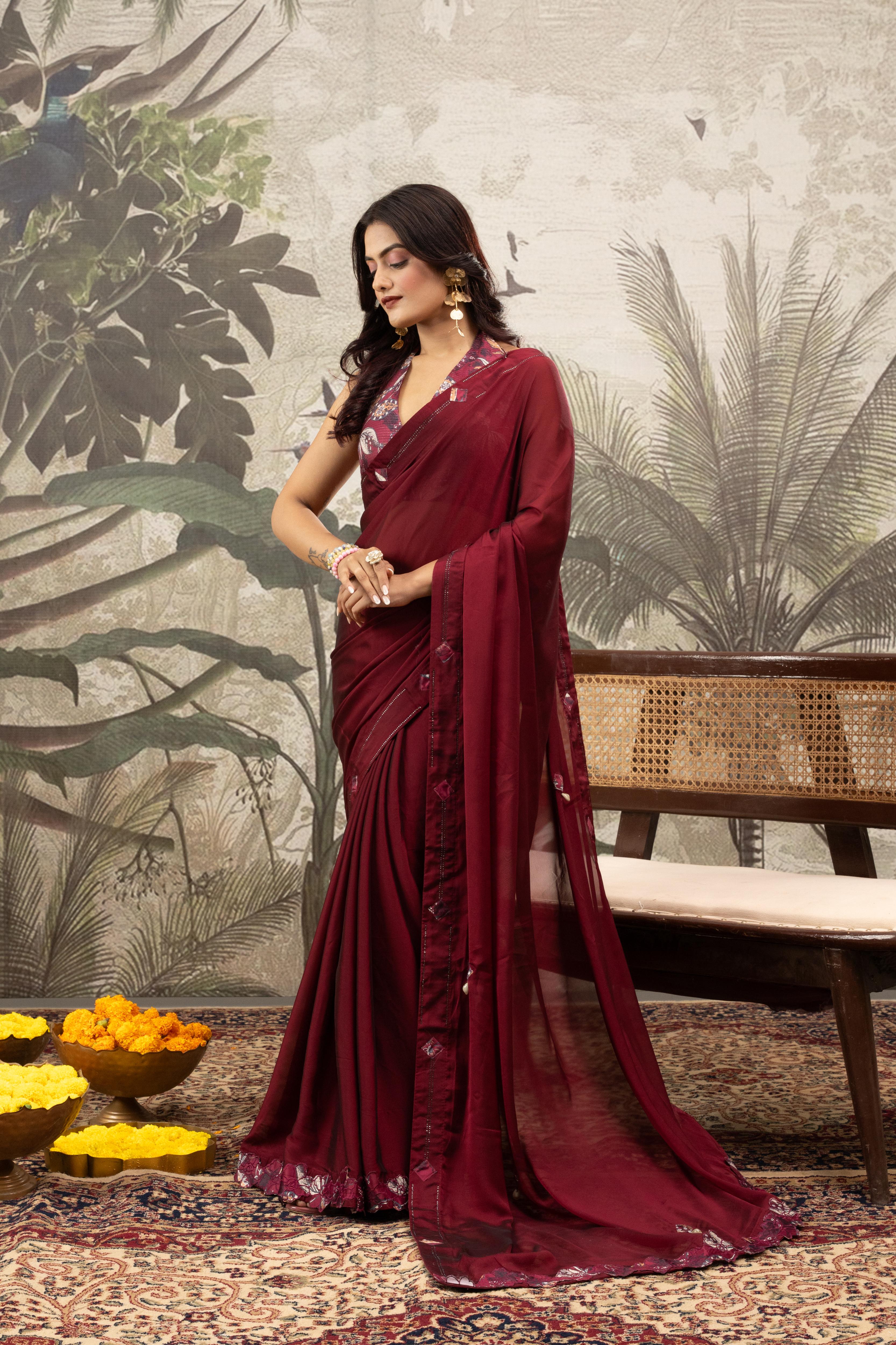 Red Georgette Silk Saree with Embroidery & Diamonds
