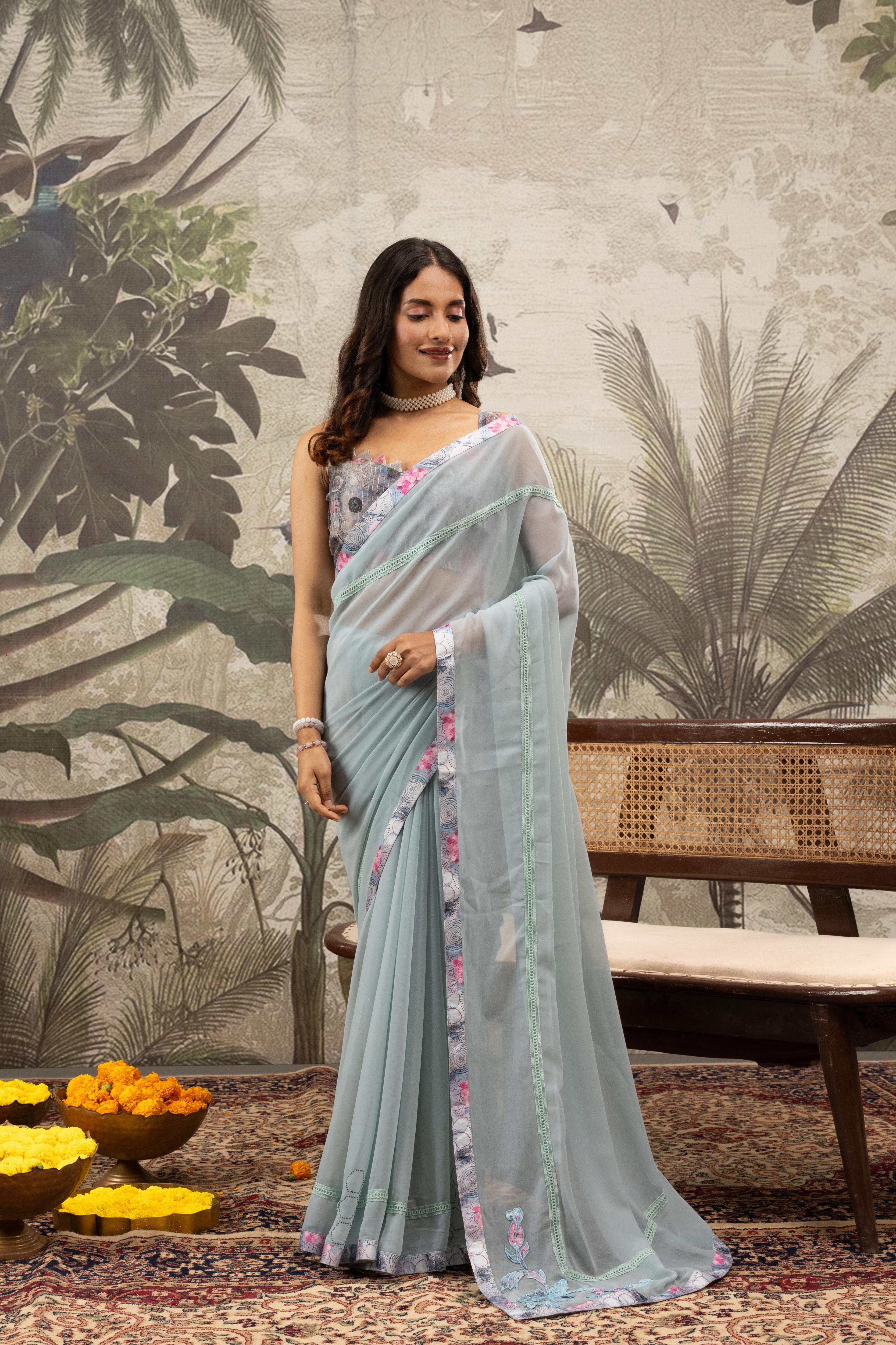 Blue Georgette Silk Saree With Digital Print sedoracouture