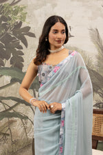 Blue Georgette Silk Saree With Digital Print sedoracouture