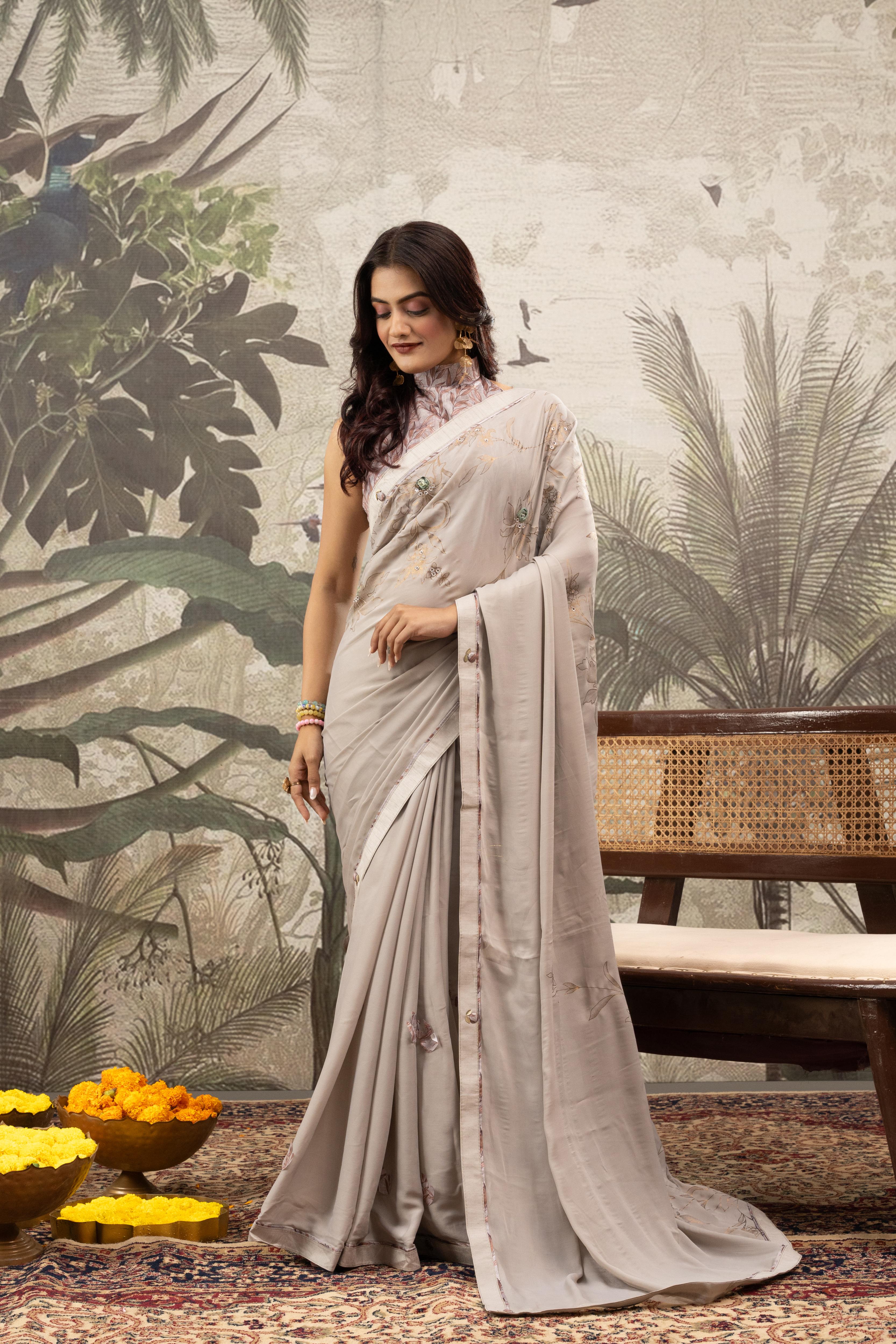 Grey Georgette Print Saree with Patch & Diamonds