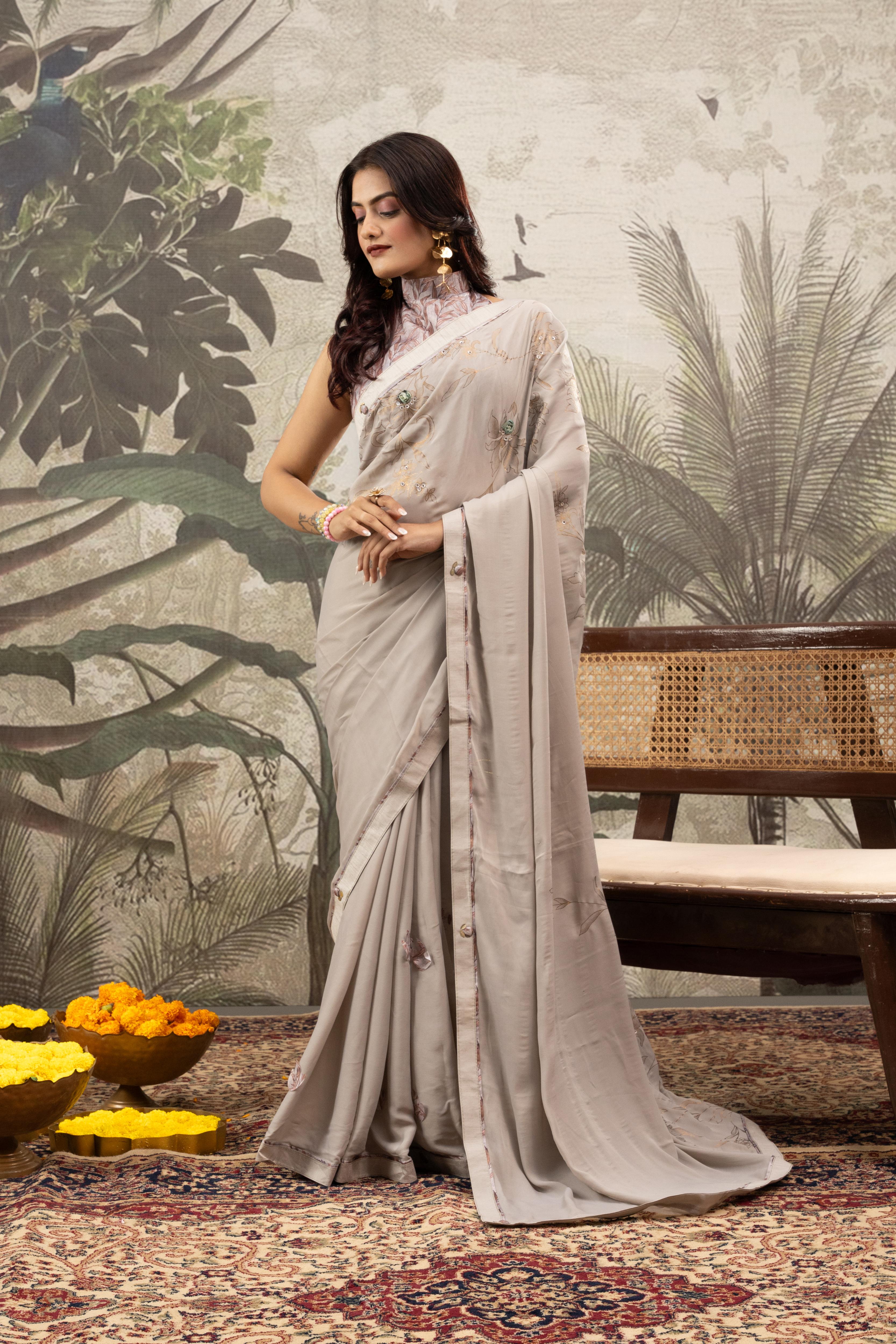 Grey Georgette Print Saree with Patch & Diamonds