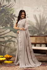 Grey Georgette Print Saree with Patch & Diamonds sedoracouture