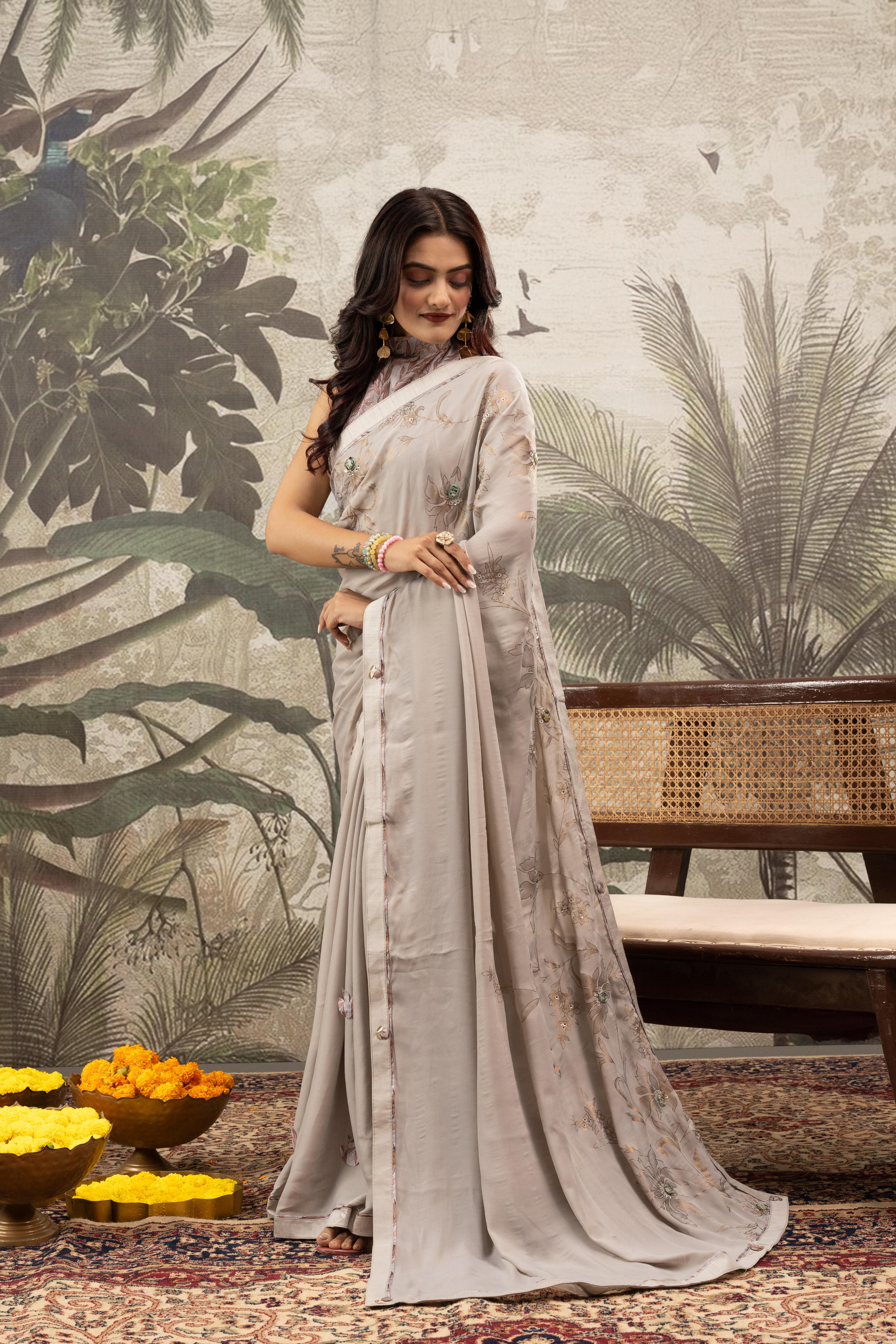 Grey Georgette Print Saree with Patch & Diamonds