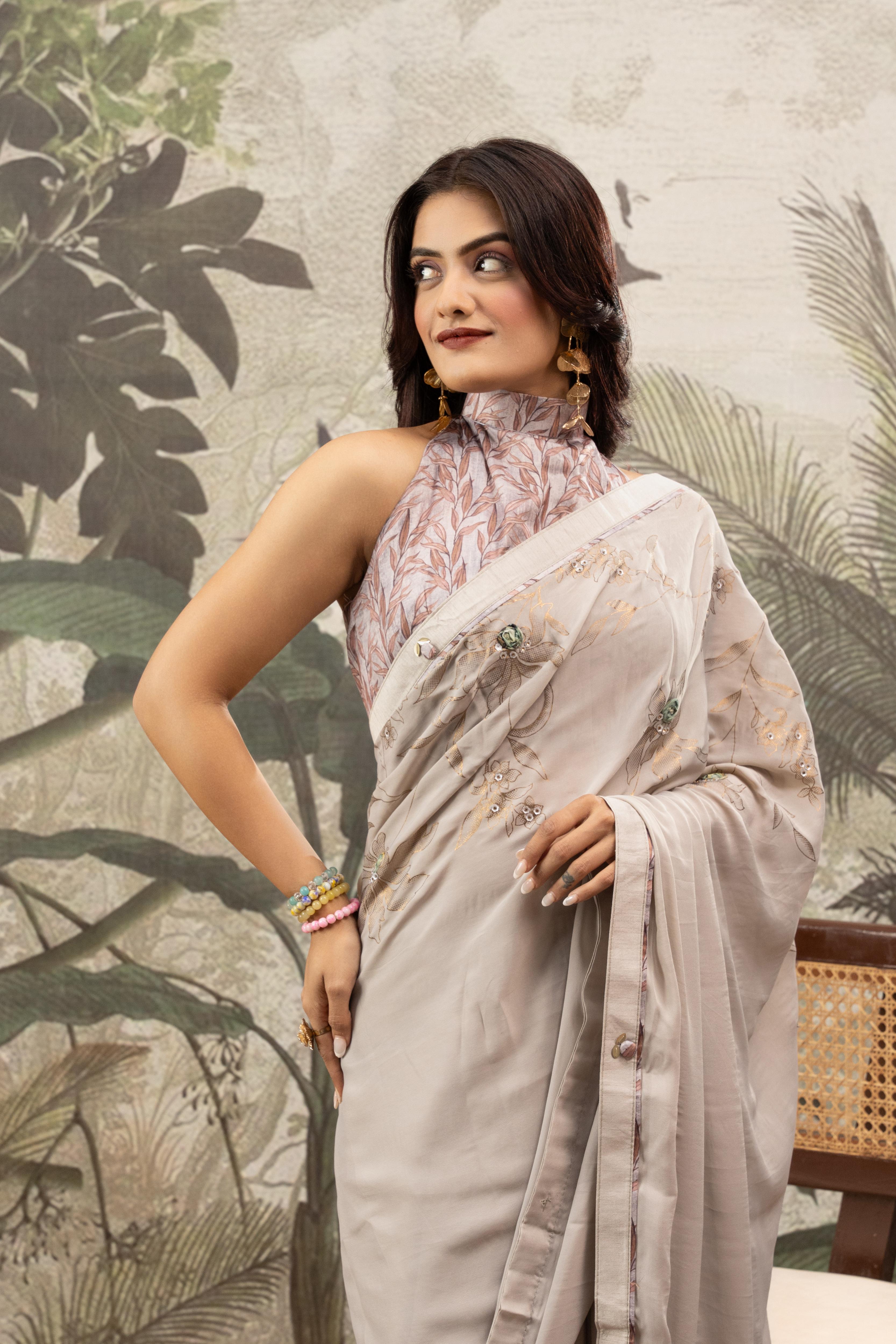 Grey Georgette Print Saree with Patch & Diamonds