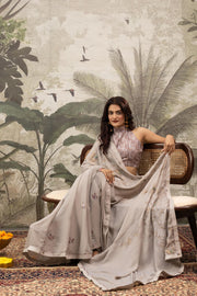 Grey Georgette Silk Saree with Patch & Diamonds