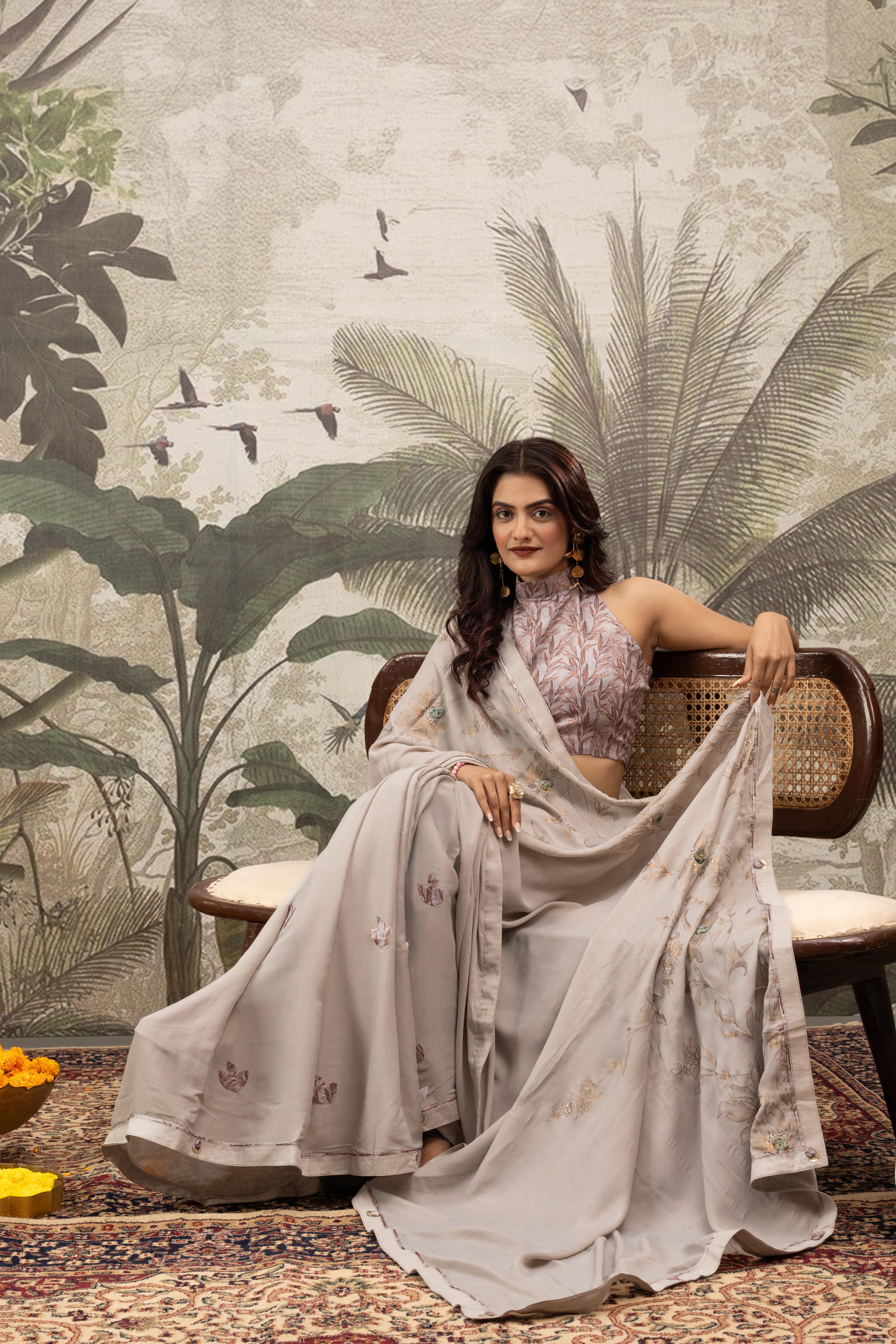 Grey Georgette Print Saree with Patch & Diamonds sedoracouture