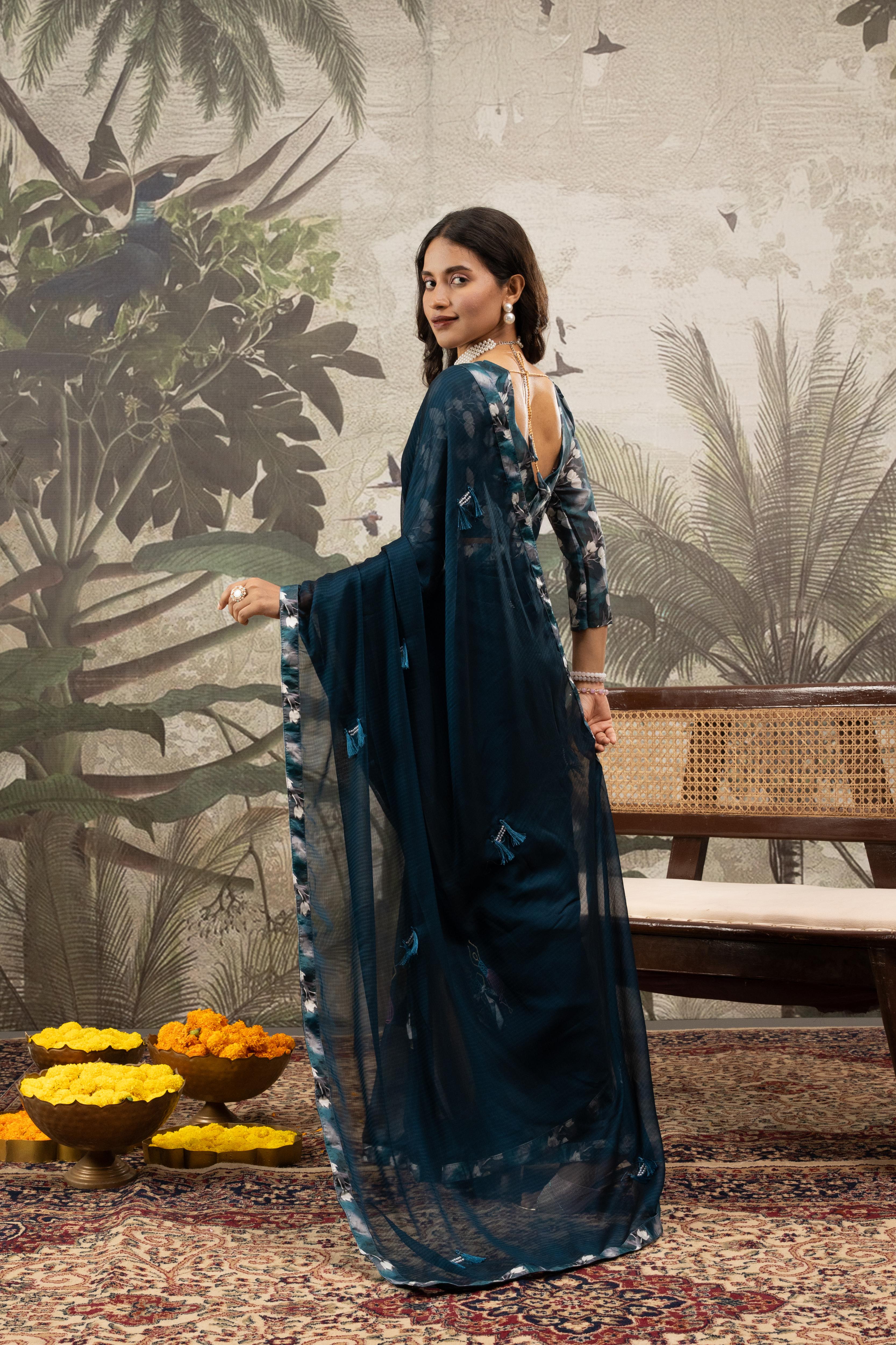 Blue Printed Georgette Saree with Embroidery Work