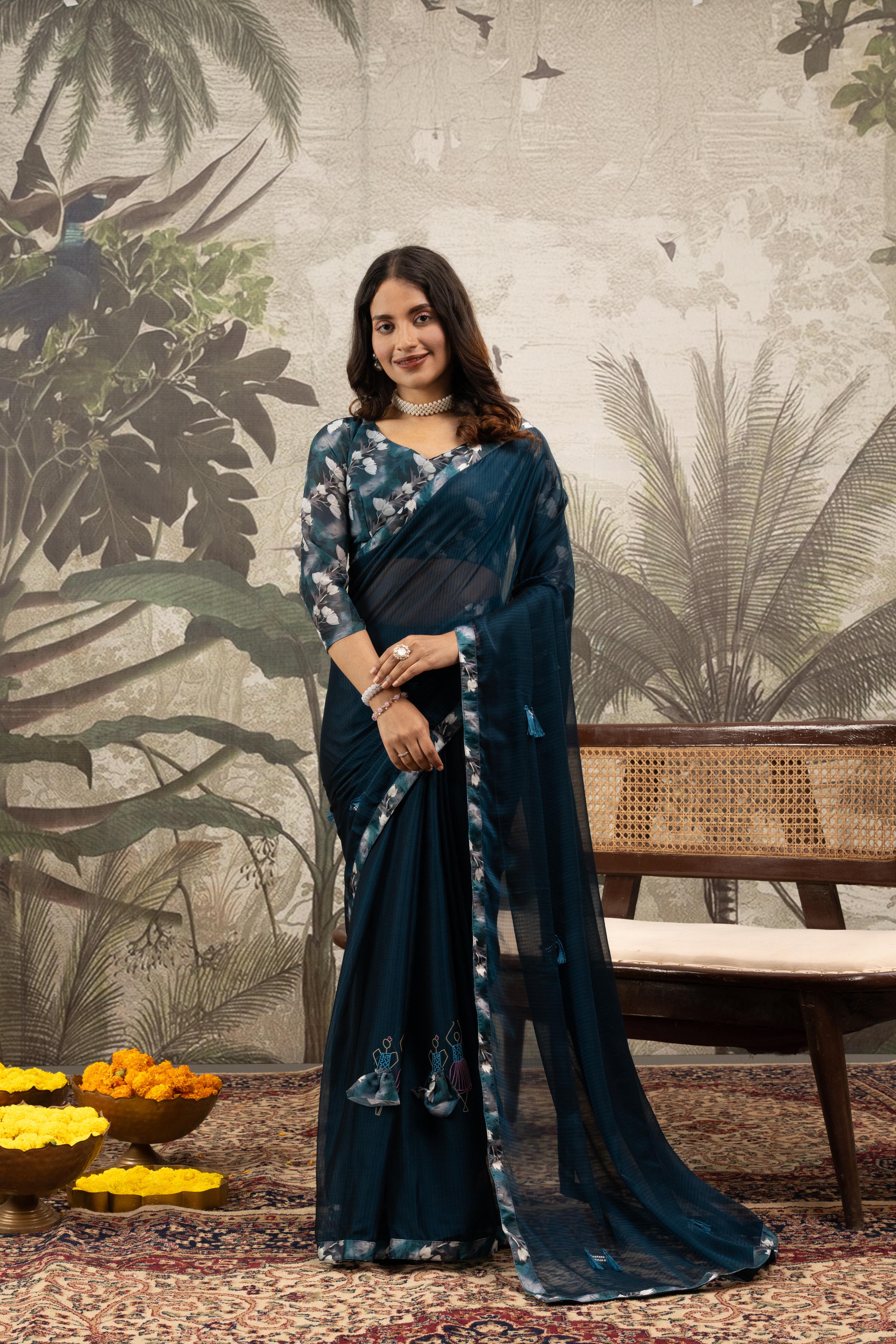 Blue Printed Georgette Saree with Embroidery Work