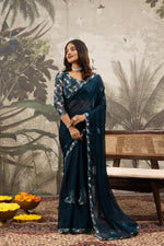 Blue Printed Georgette Saree with Embroidery Work sedoracouture
