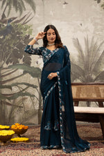 Blue Printed Georgette Saree with Embroidery Work sedoracouture