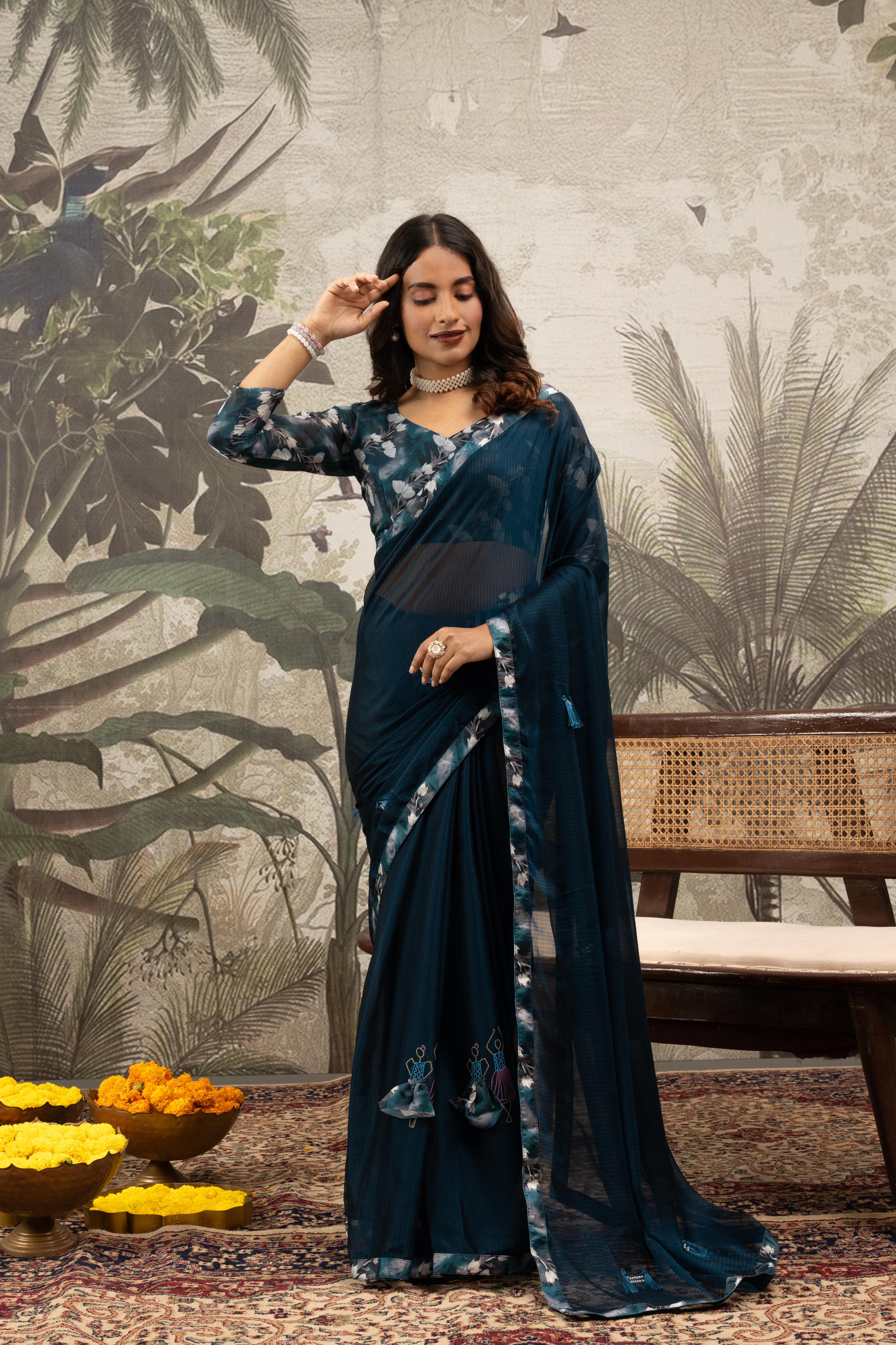 Blue Printed Georgette Saree with Embroidery Work