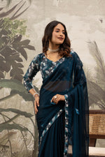 Blue Printed Georgette Saree with Embroidery Work sedoracouture