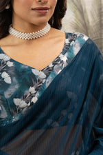 Blue Printed Georgette Saree with Embroidery Work sedoracouture