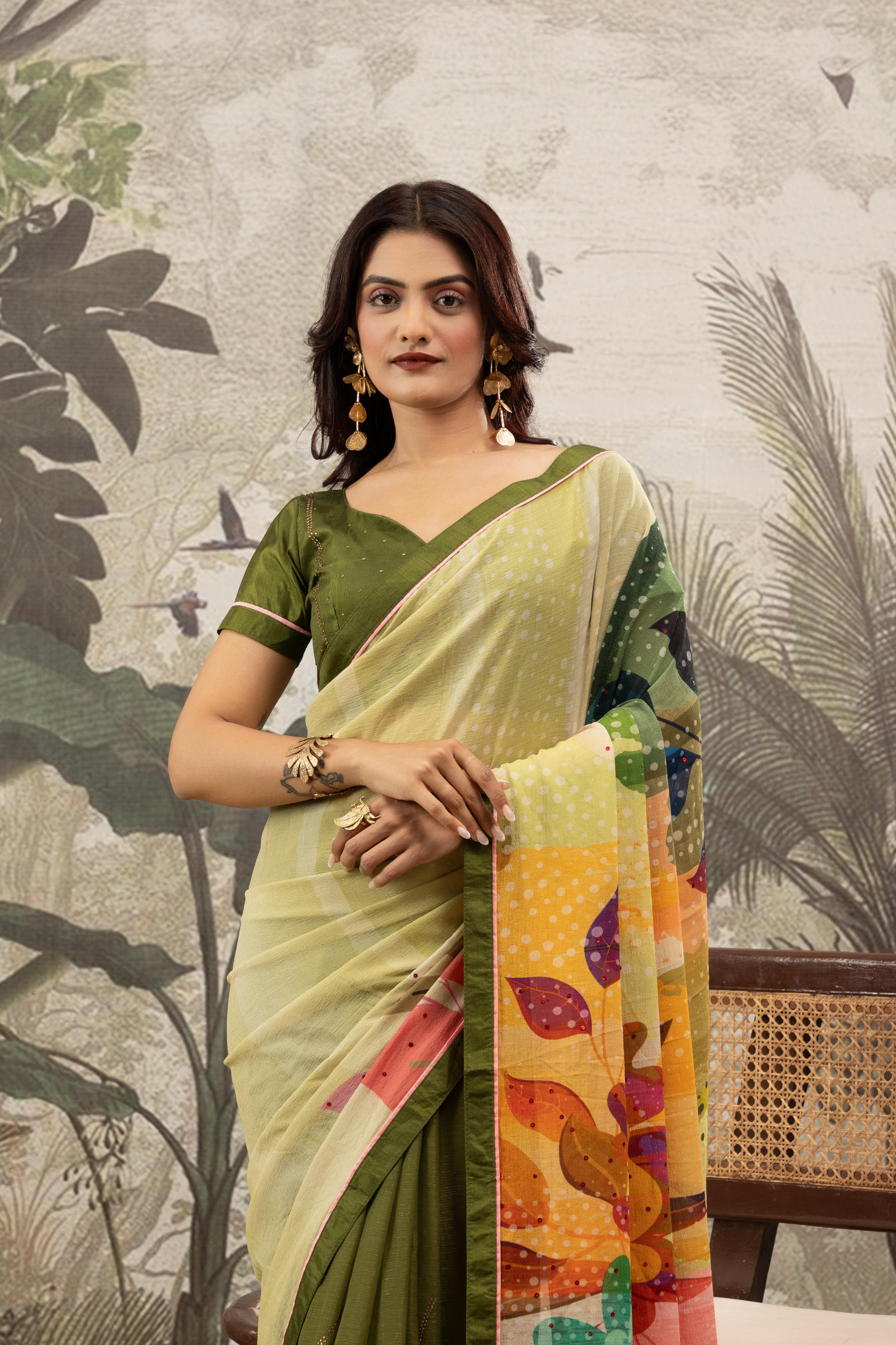 Designer Green And Pista Saree And Digital Print