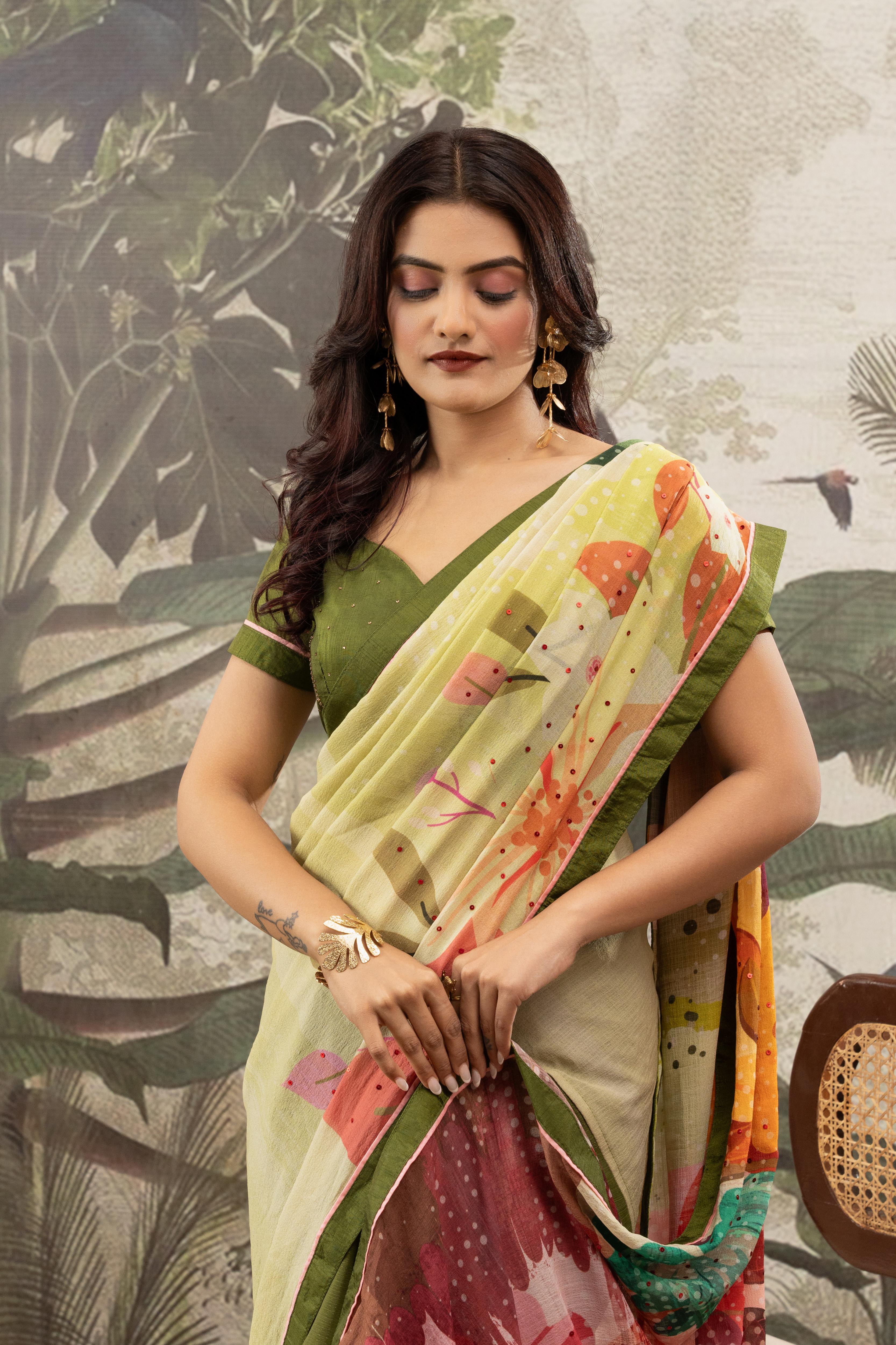 Designer Green And Pista Saree And Digital Print
