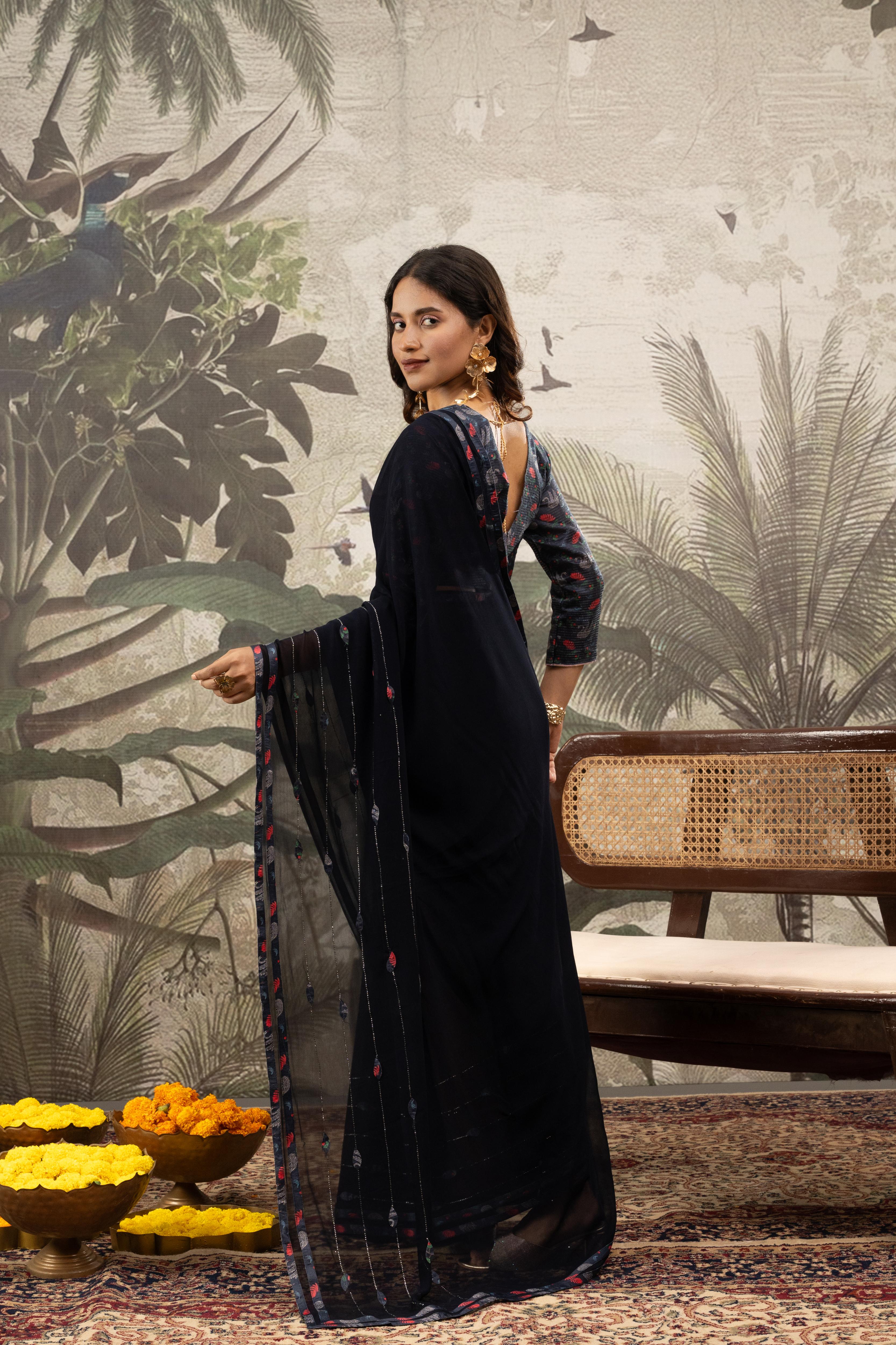 Glamorous Navy Blue Georgette Silk Saree with Diamond Accents