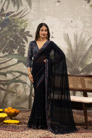 Glamorous Navy Blue Georgette Silk Saree with Diamond Accents