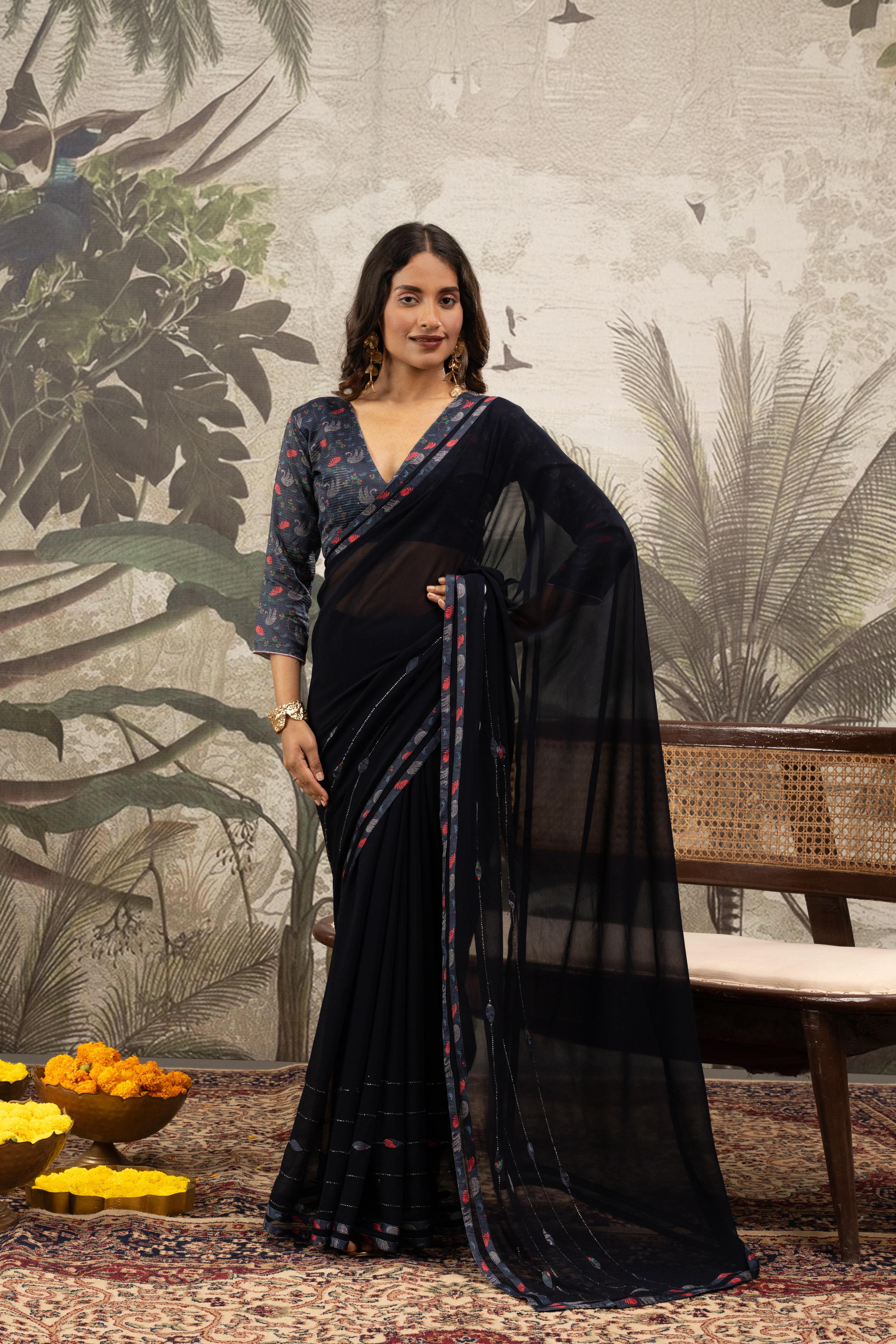 Glamorous Navy Blue Georgette Silk Saree with Diamond Accents