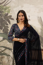 Glamorous Navy Blue Georgette Silk Saree with Diamond Accents sedoracouture
