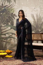 Glamorous Navy Blue Georgette Silk Saree with Diamond Accents sedoracouture