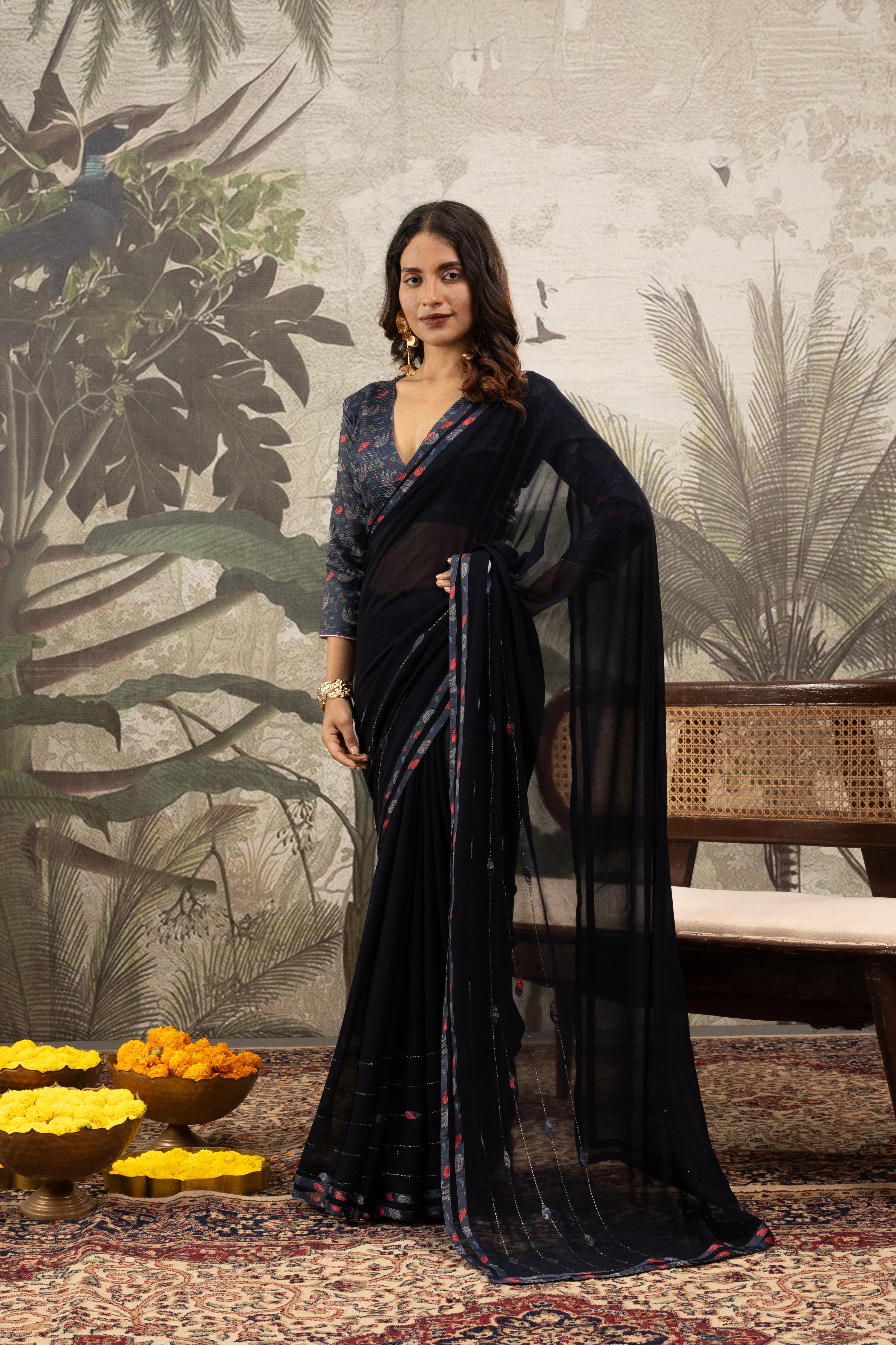 Glamorous Navy Blue Georgette Silk Saree with Diamond Accents