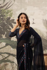 Glamorous Navy Blue Georgette Silk Saree with Diamond Accents sedoracouture