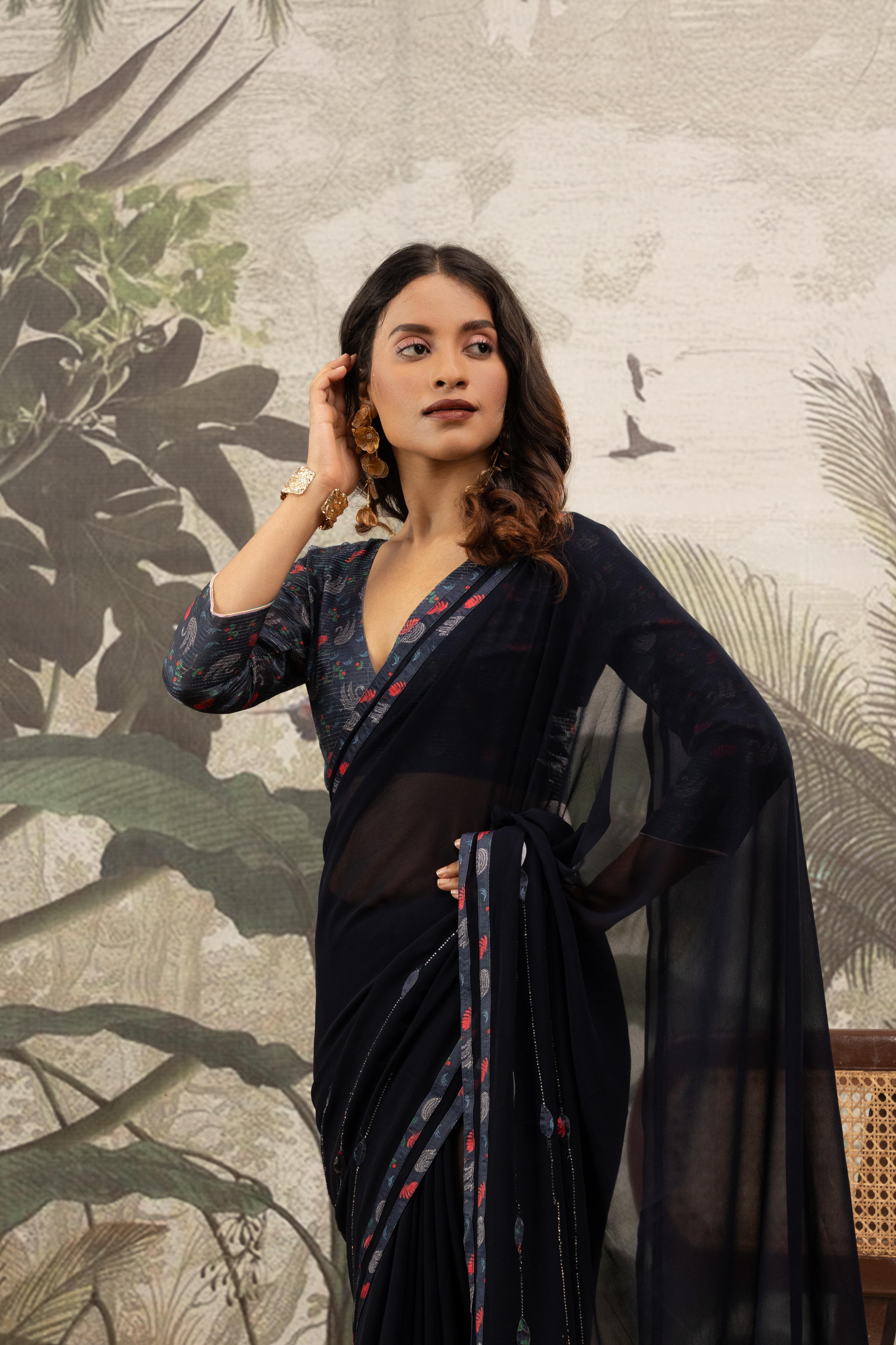 Glamorous Navy Blue Georgette Silk Saree with Diamond Accents