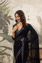 Glamorous Navy Blue Georgette Silk Saree with Diamond Accents