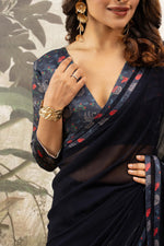 Glamorous Navy Blue Georgette Silk Saree with Diamond Accents sedoracouture