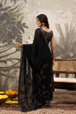 Black Designer Saree with Digital Patchwork & Diamonds sedoracouture