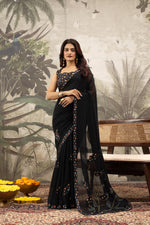 Black Designer Saree with Digital Patchwork & Diamonds sedoracouture
