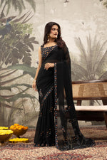 Black Designer Saree with Digital Patchwork & Diamonds sedoracouture