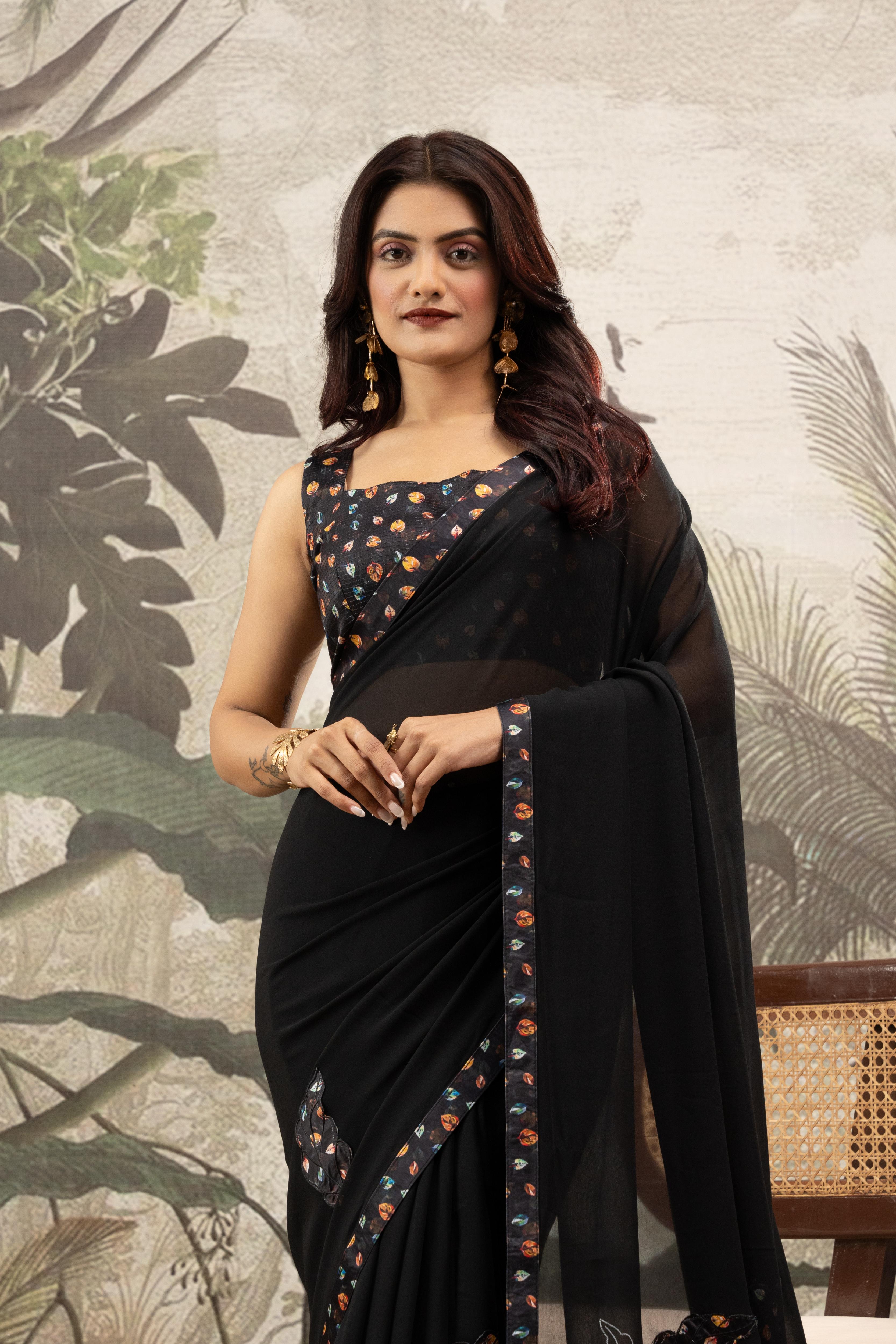 Black Designer Saree with Digital Patchwork & Diamonds