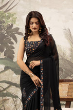 Black Designer Saree with Digital Patchwork & Diamonds sedoracouture