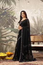 Black Designer Saree with Digital Patchwork & Diamonds sedoracouture