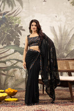 Black Designer Saree with Digital Patchwork & Diamonds sedoracouture