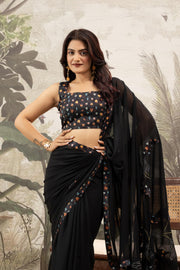 Black Designer Saree with Digital Patchwork & Diamonds