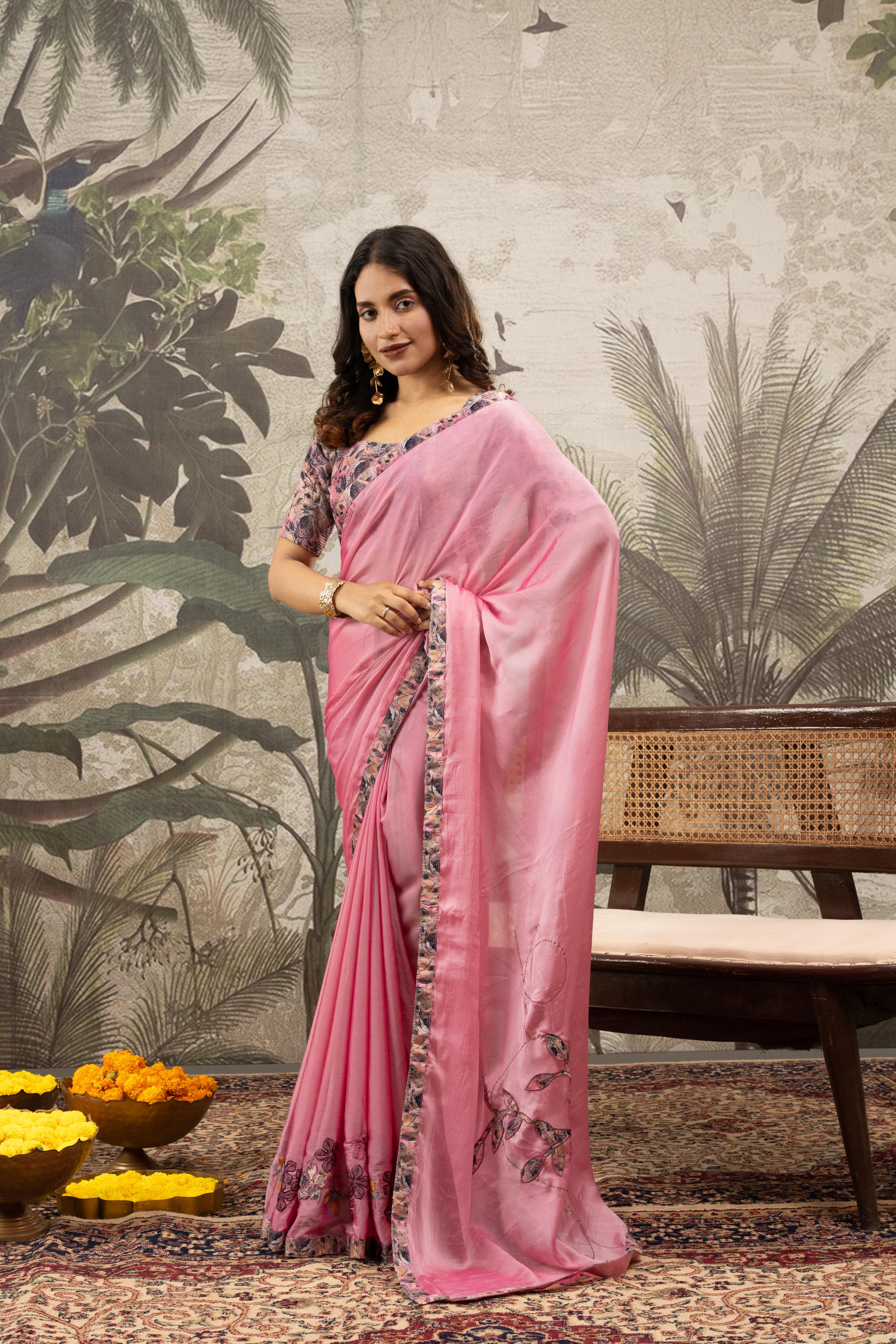 Pink Designer Saree with Digital Patchwork