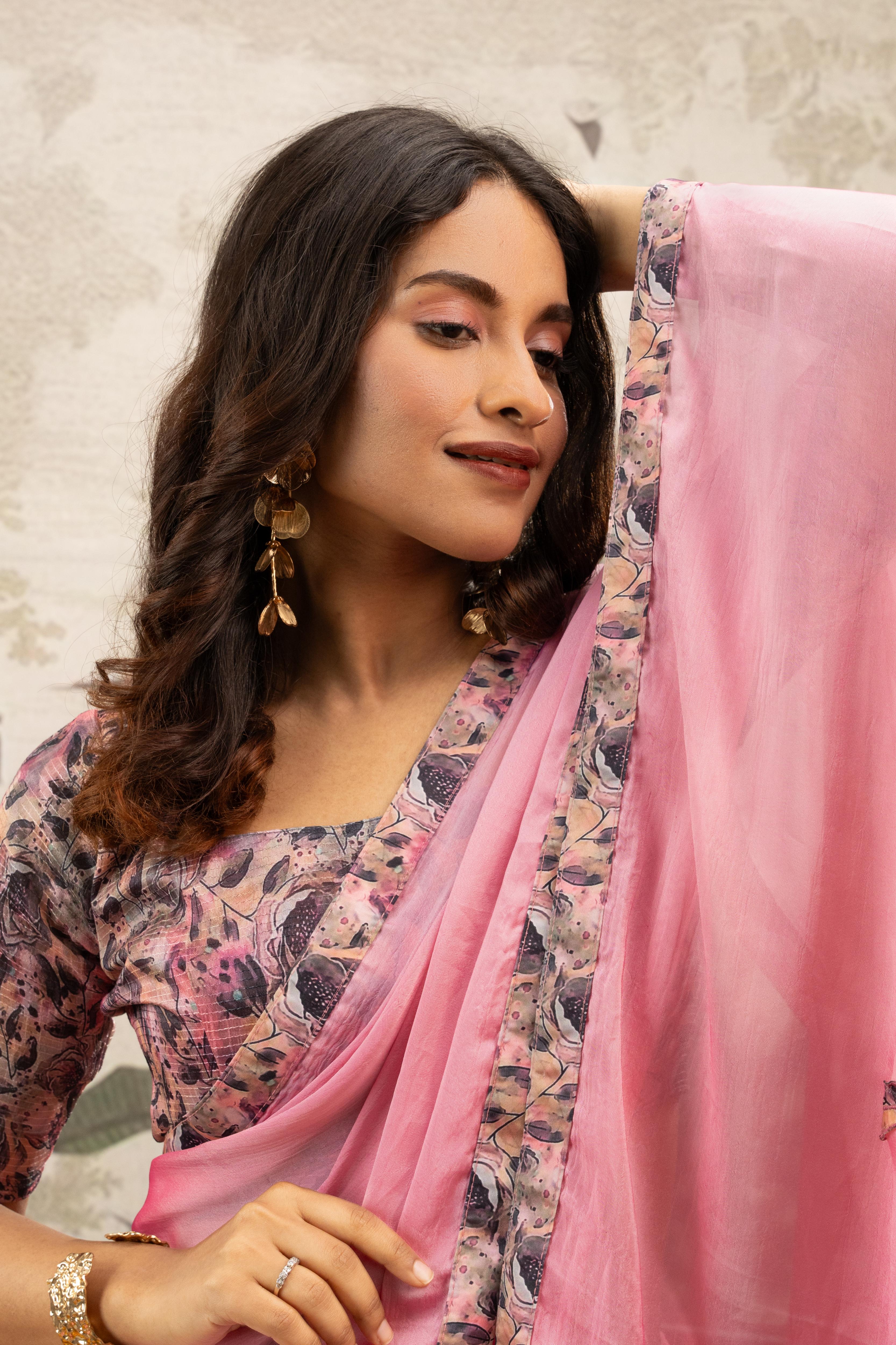 Pink Designer Saree with Digital Patchwork