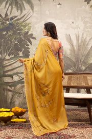 Elegant Yellow Georgette Silk Saree with Digital Border