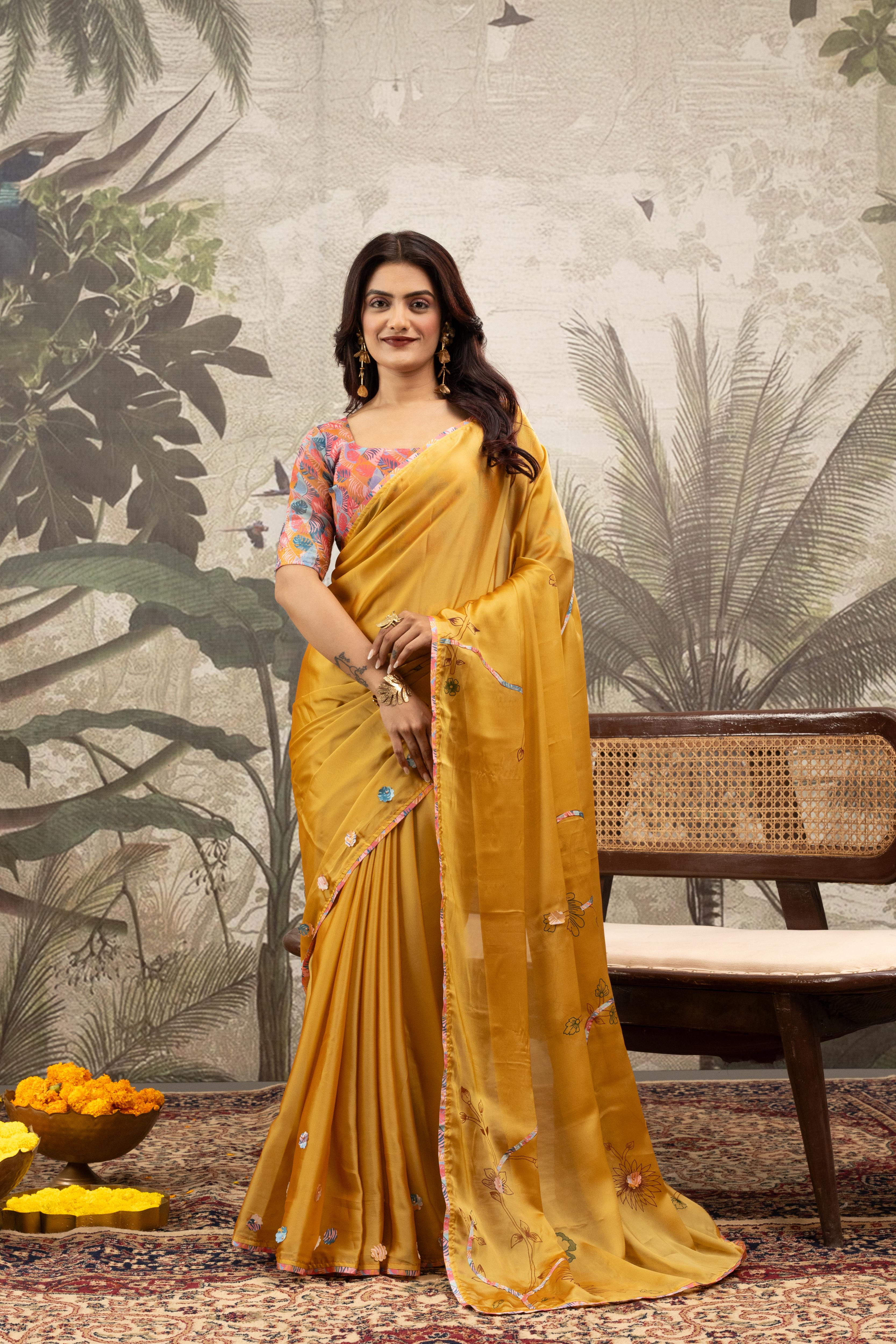 Yellow Georgette Silk Saree with Digital Border sedoracouture