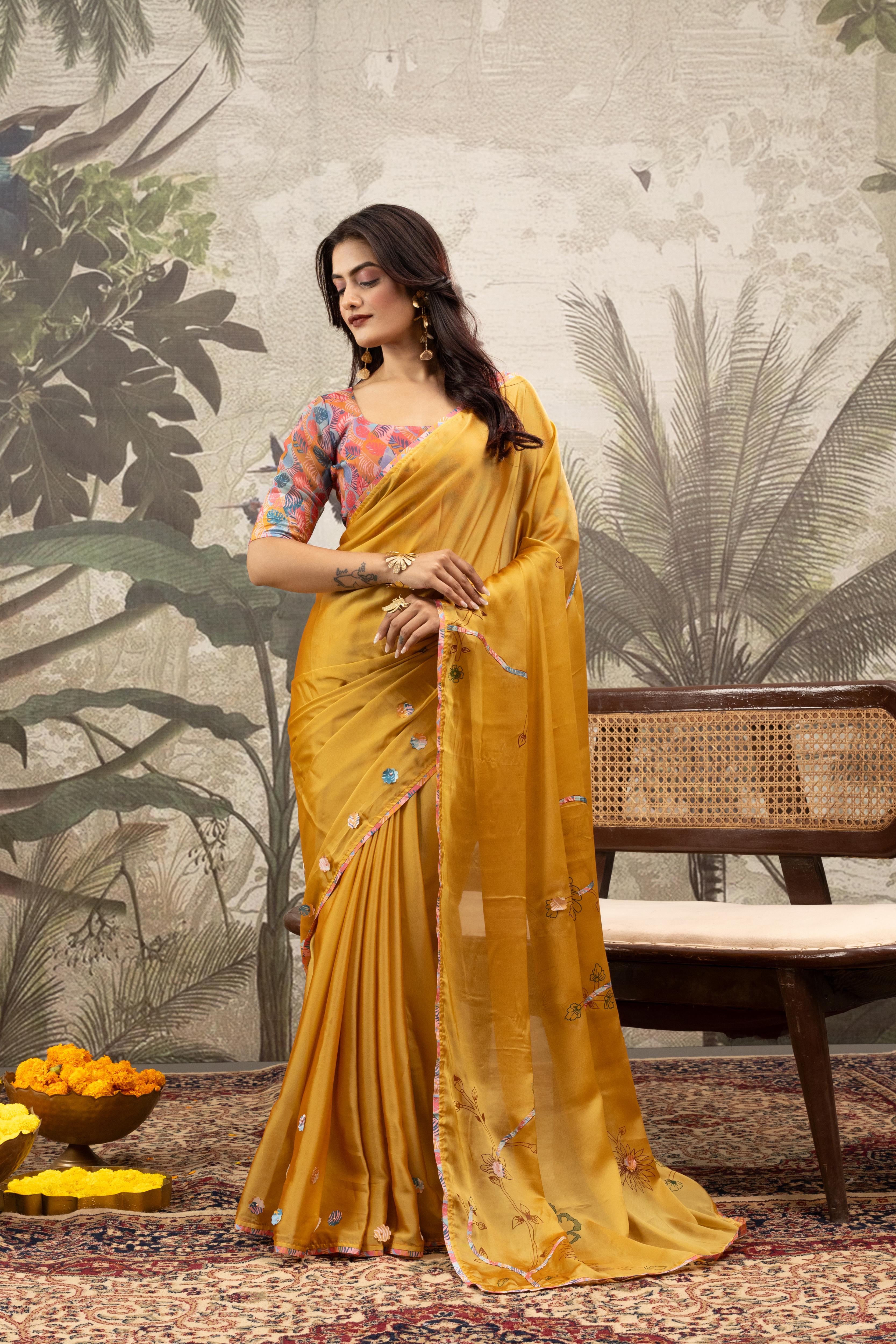 Elegant Yellow Georgette Silk Saree with Digital Border